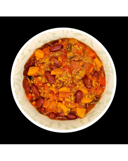 Vegan chili with vegetables and faux ground meat filled with veggies